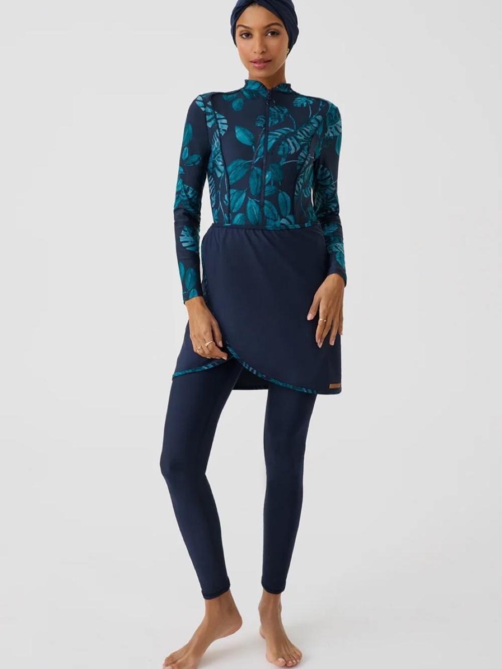 Navy & Teal Leaf Long-Sleeve Modest Swim Set
